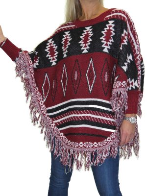 Ladies Nordic Design Poncho With Tassel Edge