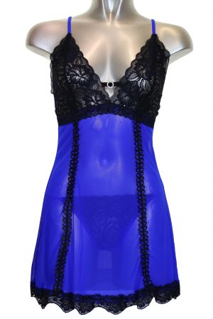 Lace Ribbon Babydoll Nighty Set Black Blue