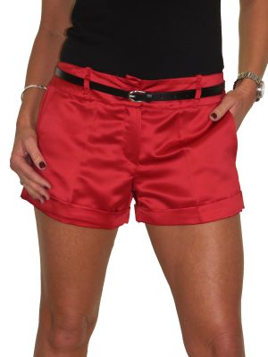 Ladies Red Shiny Satin Hotpant With Belt
