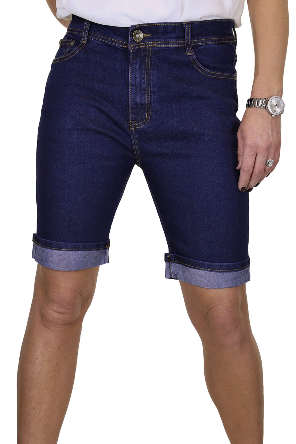 Stretch Denim Jeans Shorts Contrast Turn Cuff