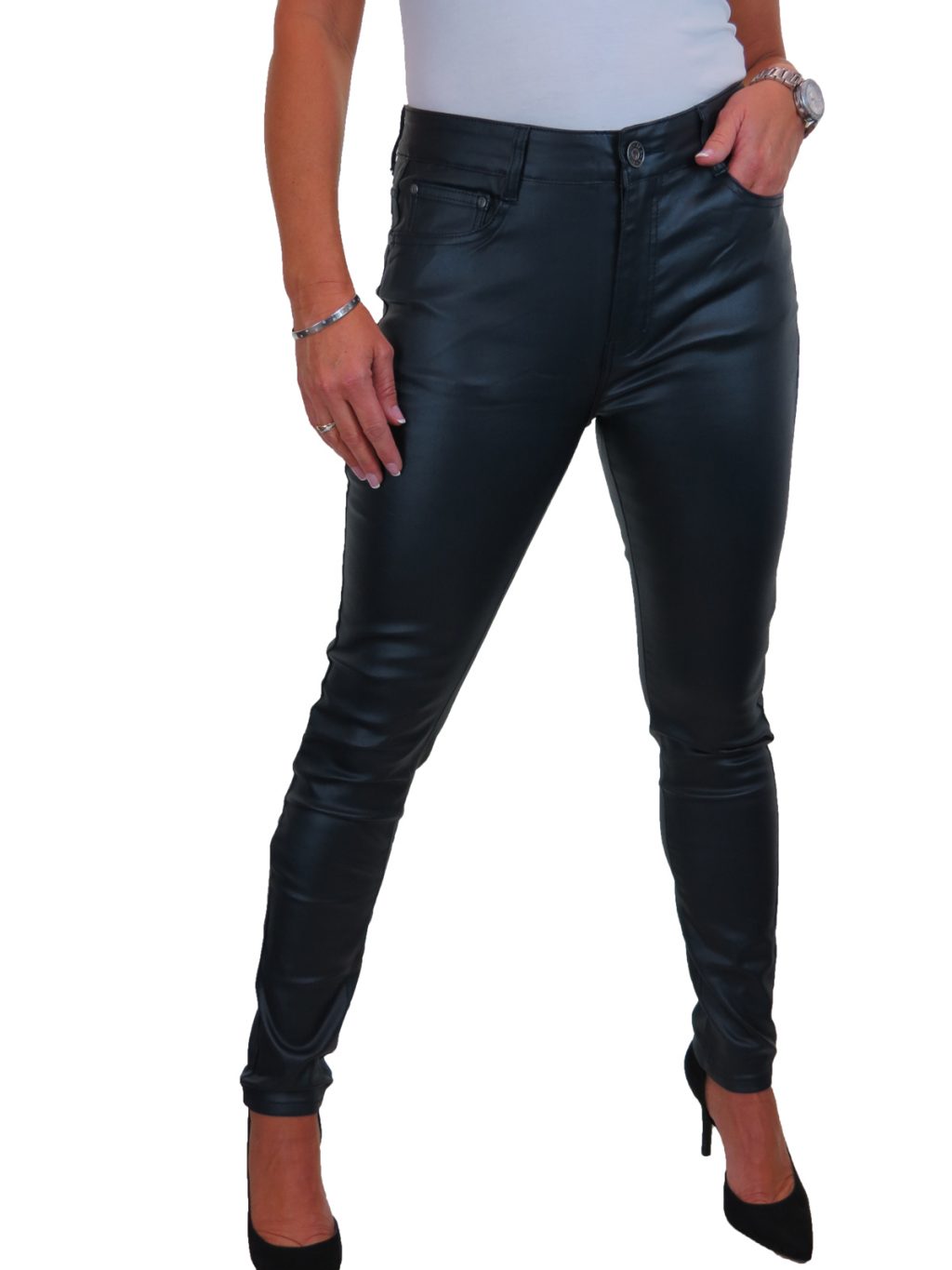 High Waist Stretch Leather Look Jeans