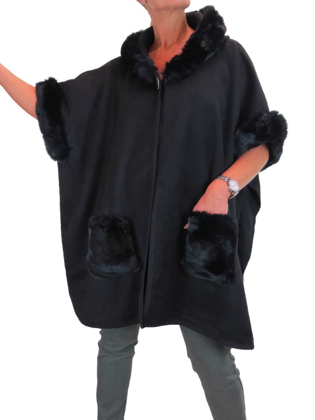 Faux Fur Trim Hooded Poncho