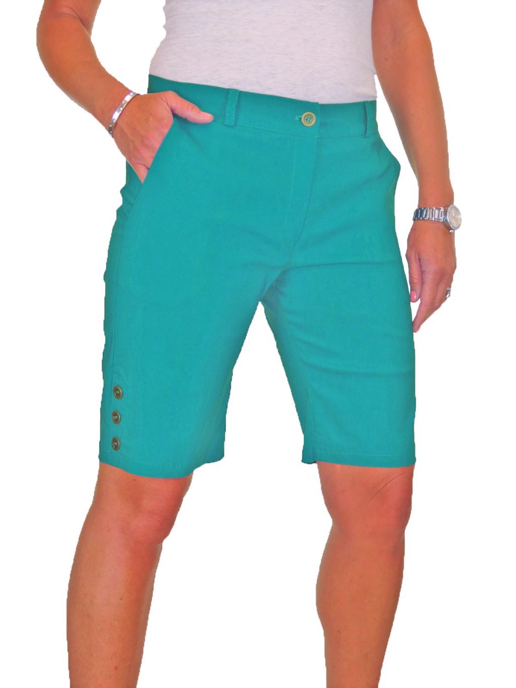 Ladies Lightweight Above Knee Shorts With 3 Side Button Detail